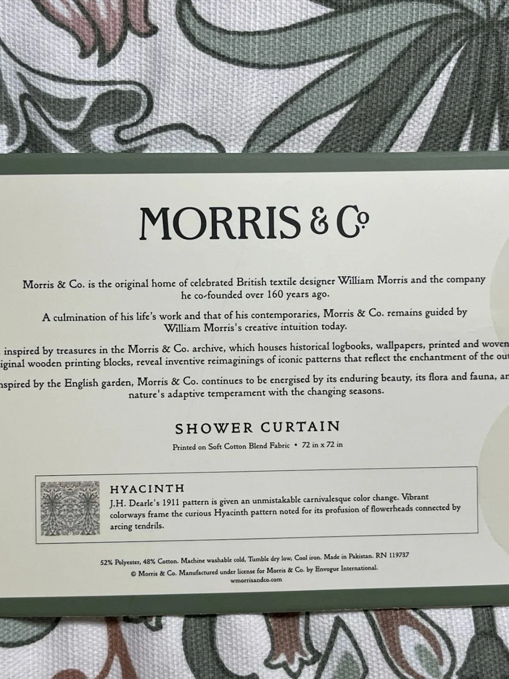 Morris & Co Hyacinth Green Floral Cotton Blend Fabric Shower Curtain 72 X 72 New